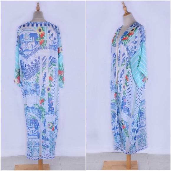 White Blue Boho Kimono Cover up Swim Floral - Picture 5 of 6
